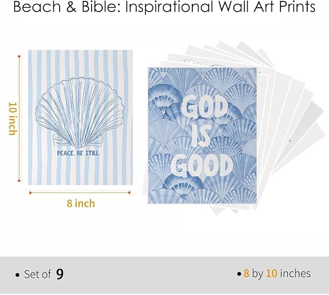 9 Pcs Coastal Christian Wall Art Blue Seashell Posters Inspirational Bible - Image 2