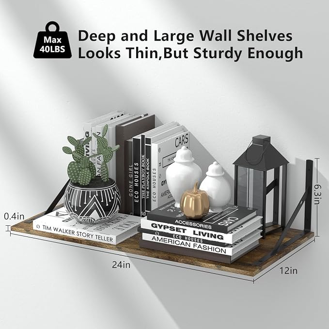 Deep Floating Shelves for Wall Set of 3, 24W x 12 Inch Deep Floating Shelves - Image 3