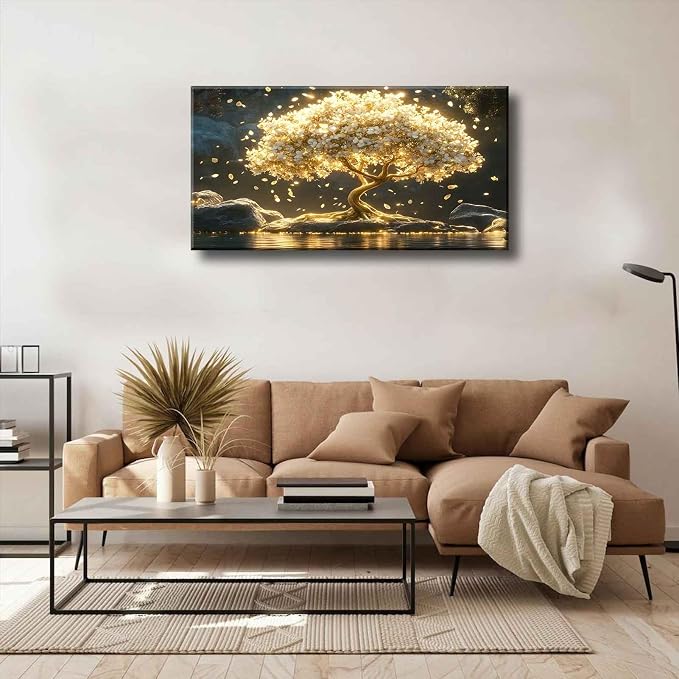 Large Tree of Life Canvas Wall Art Abstract Gold Tree Mountain Lake Decor - Image 4