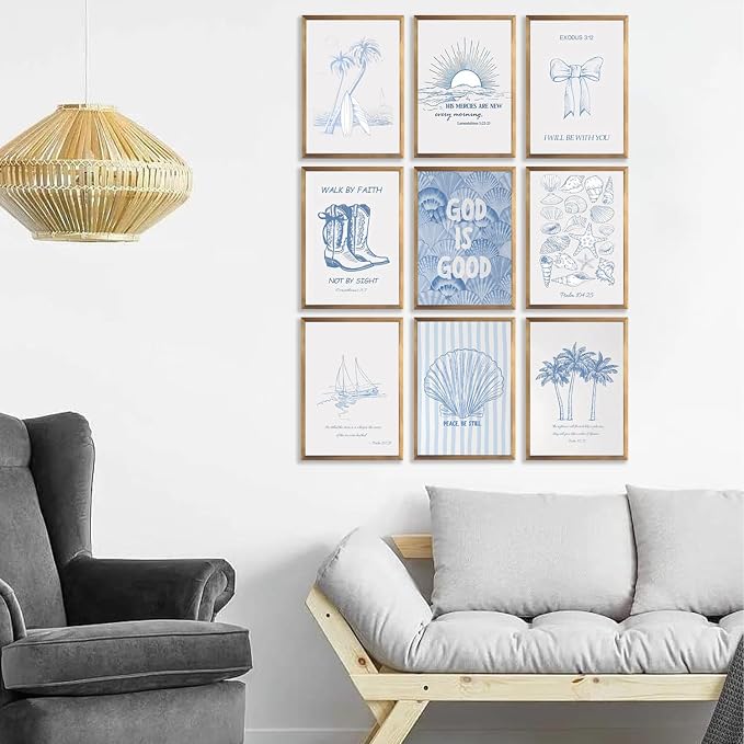 9 Pcs Coastal Christian Wall Art Blue Seashell Posters Inspirational Bible - Image 4