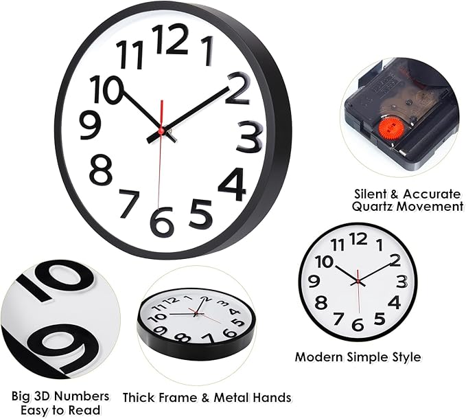 Wall Clock 12 Inch Silent Non-Ticking Big Numbers Easy to Read Wall Clocks - Image 3