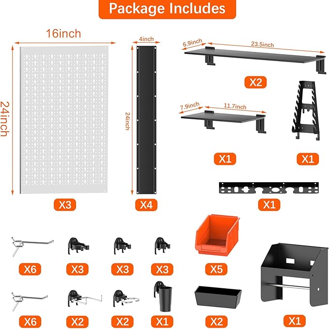 TORACK Pegboard Wall Organizer 4 ft. Garage Metal Pegboard Tool Organizer System - Image 6