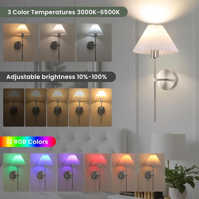 Wireless Wall Sconce Sets of 2, Pleated Shades Rechargeable Battery Operated - Image 4