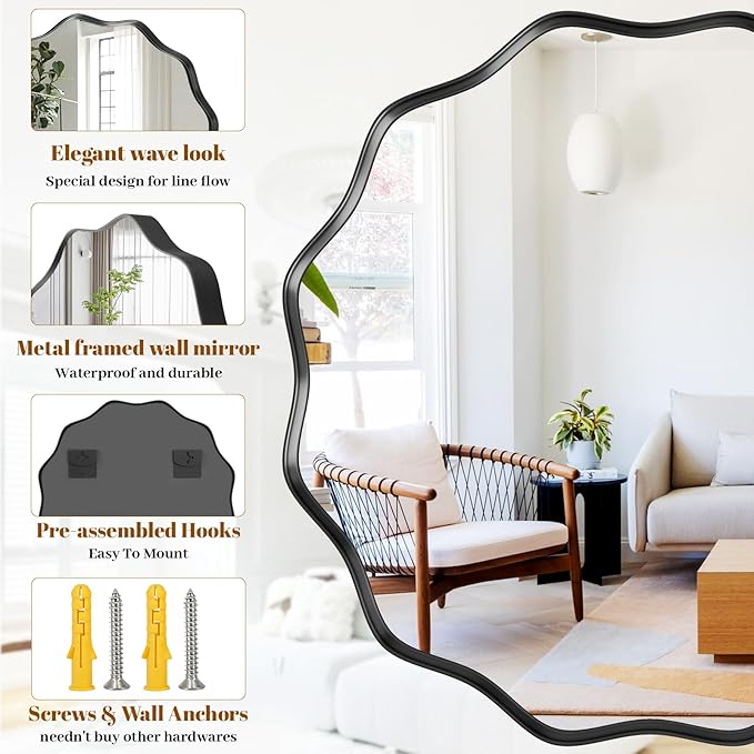 Round Wavy Mirror, 24 Inch Metal Frame Circle Mirror, Round Wall Mounted - Image 4