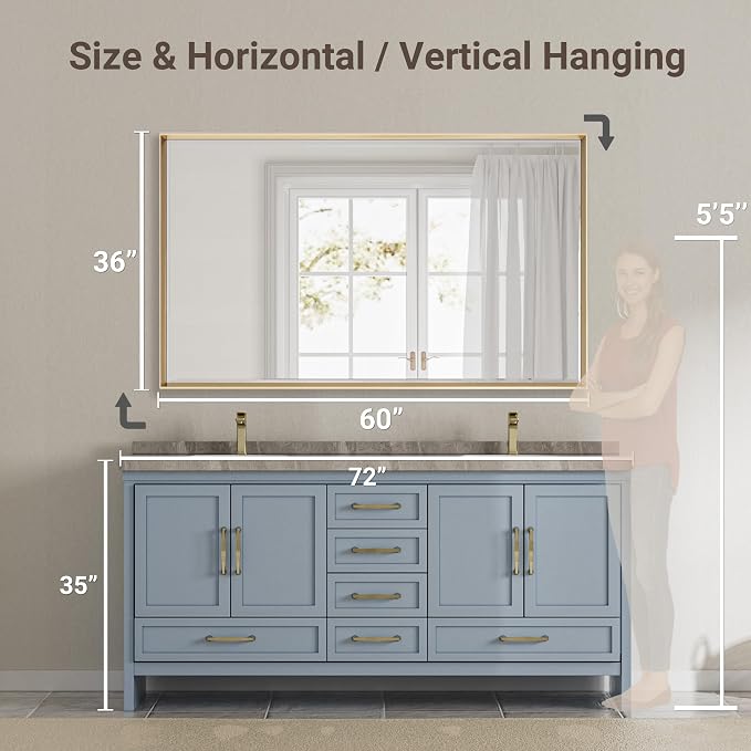 60 x 36 Gold Bathroom Mirror, Brushed Gold Beveled Bathroom Mirror, - Image 2