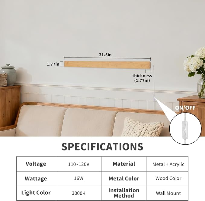 Modern Plug in Long Wall Sconce, 31.4 inch Faux Wood Texture Finish LED Wall - Image 3