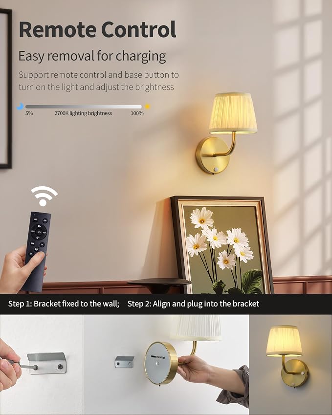 PUSU Motion Sensor Gold H9.6 inch Small Wall Sconces Set of 2, LED Cordless - Image 4