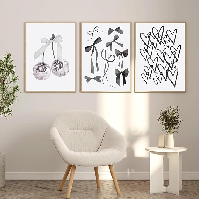BOKPEN 3pcs Black and White Trendy Preppy Wall Art Bows Disco Ball Many Heart - Image 4