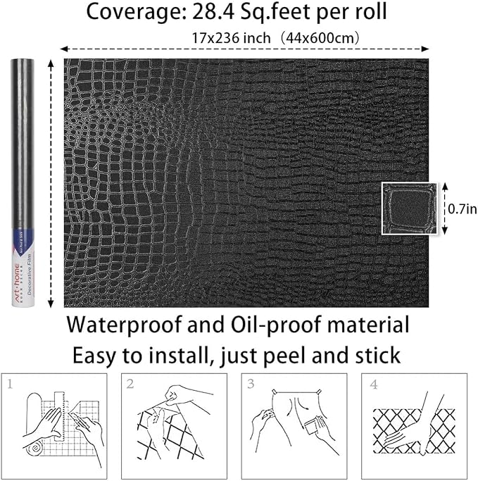 Arthome 17"×240" Black Crocodile Peel and Stick Wallpaper, Charcoal Black - Image 7