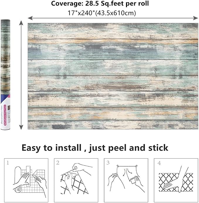 Arthome Blue Rustic Wood Paper 17''x240'' Self-Adhesive Removable Peel and - Image 7