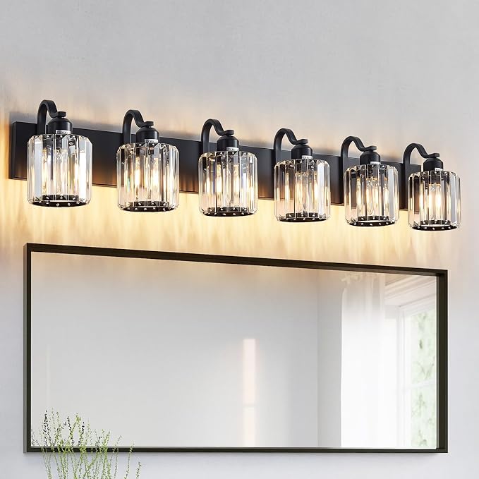 Black Crystal Bathroom Vanity Lights Fixtures 6 Light Over Mirror Modern Matte by AIXIALIN