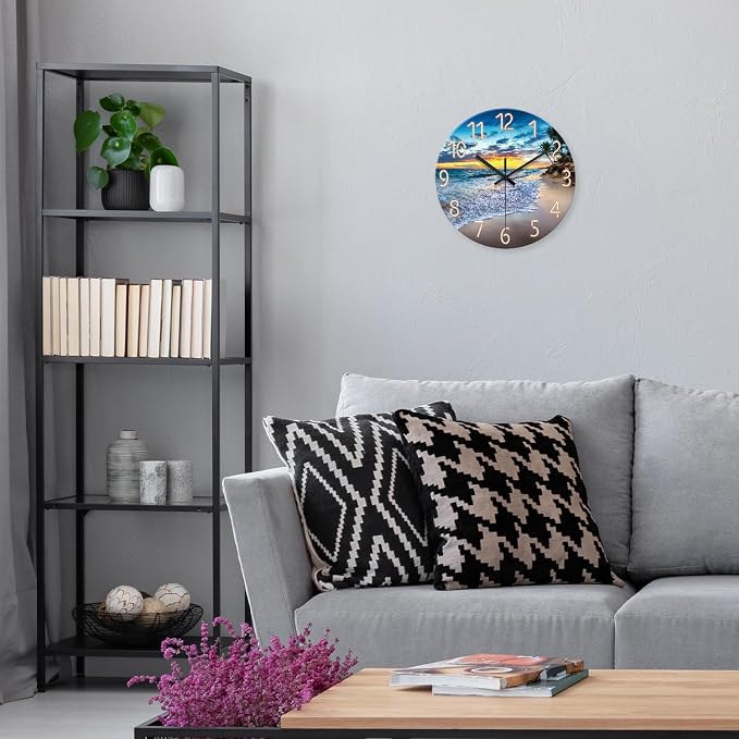 Palm Tree Clocks Battery Operated 12 Inch Glass Blue Wall Clock Non Ticking - Image 4