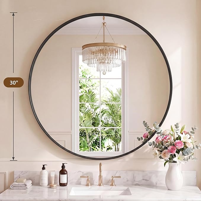 NEWBULIG 30-Inch Round Wall Mirror, Bathroom Wall Circle Mirror - Image 2