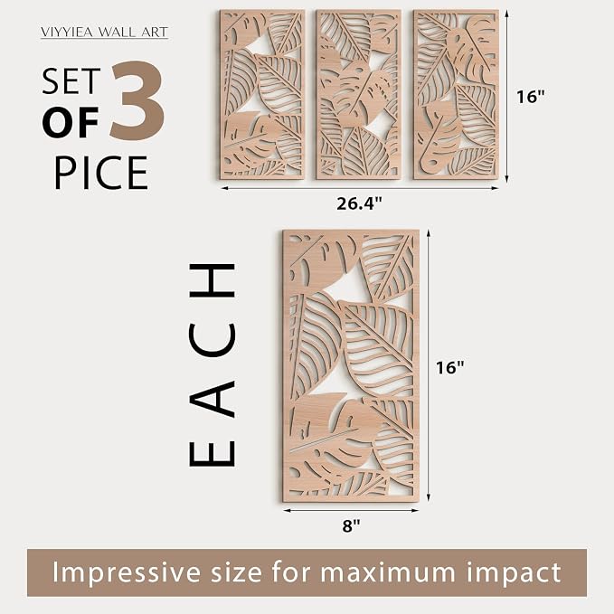 VIYYIEA Boho Solid Wood Carved Wall Art Set of 3, Geometric Minimalist Wooden - Image 2