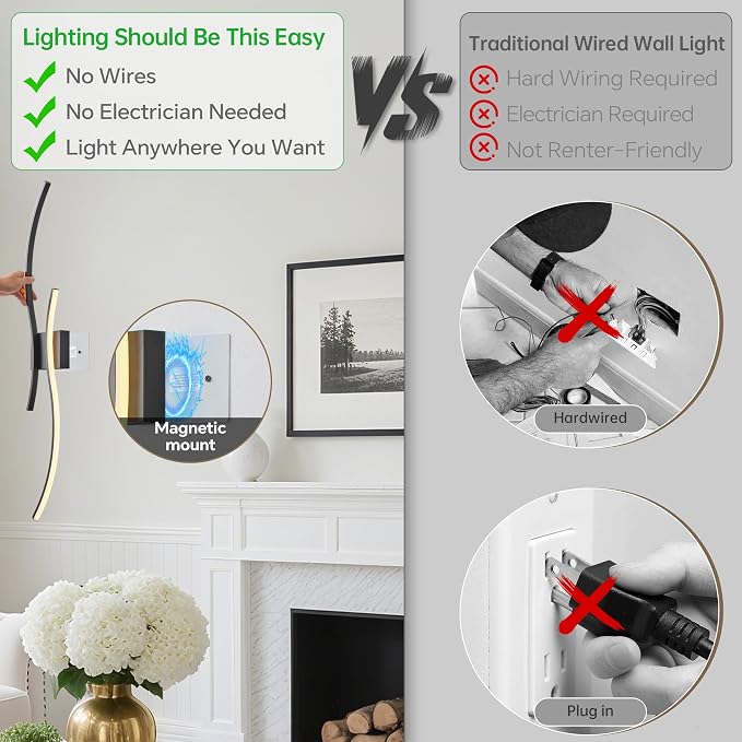 Battery Operated Wall Sconce Set of 2, Dimmable Modern LED Rechargeable Wall - Image 3