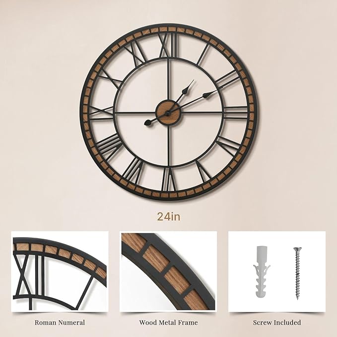 Micasso Large Farmhouse Wall Clock: 24 inch Modern Metal Black - Image 4