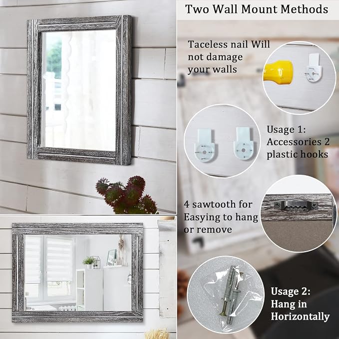 AAZZKANG Rustic Mirror Wood Framed Wall Mirrors Large 20"x16" Rectangle - Image 3