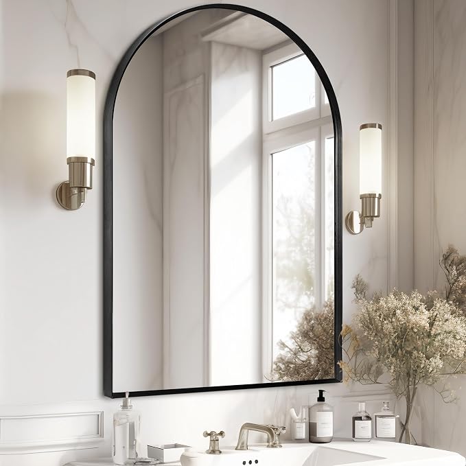 28" x 36" Black Arched Mirror, Large Arch Bathroom Wall Mirror, Metal Frame by Minuover