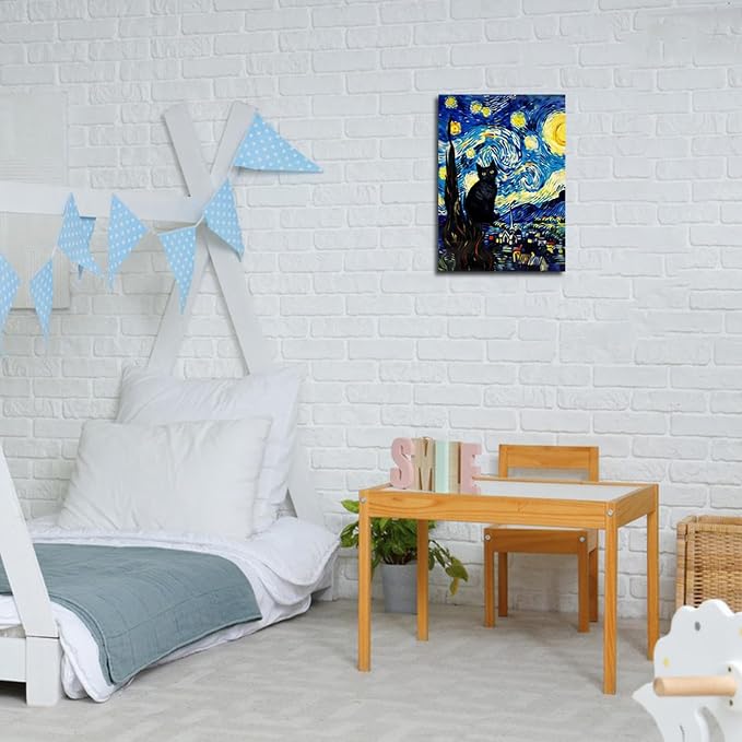 ALMLZL Framed Van Gogh The Starry Night Cat Canvas Wall Art Cute Funny Black - Image 7