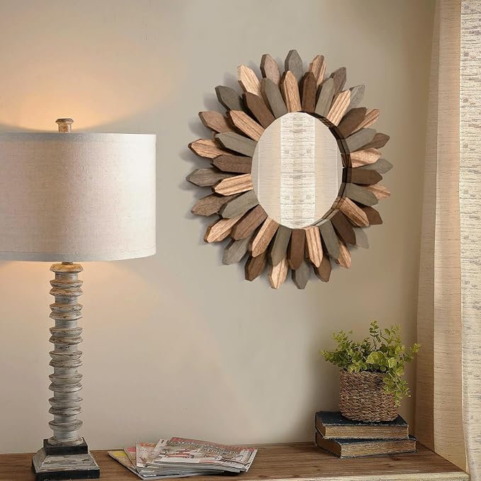 Honiway Boho Wall Decor Mirror 2 Pack 12 inch Rustic Wood Decorative Mirror - Image 8
