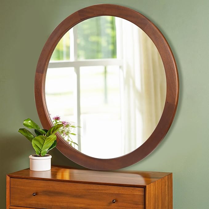 CULER Round Mirror 36 Inch, Wood Rustic Bathroom Tempered Wall Mirror - Image 2