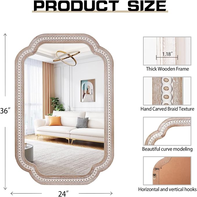 36x24 Inch Boho Wooden Scalloped Mirror - Image 3