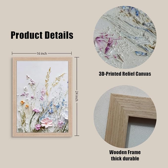 Framed 3D Texture Floral Canvas Wall Art Relief Textured Floral Oil Painting - Image 2