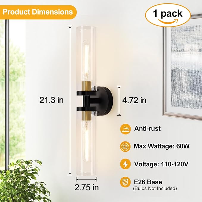 Indoi Black and Gold Wall Sconce, Hardwired Bathroom Sconces Wall Lighting - Image 4