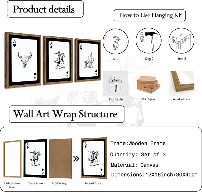 Western Cowboy Wall Art Set Of 3 Cowboy Print Playing Card Inspired - Image 3