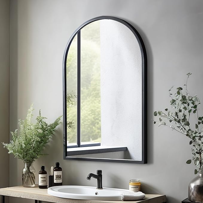 Wall Mounted Mirror, 38x24 Inch Black Bathroom Mirror, Arched Window Mirrors by ZMYCZ
