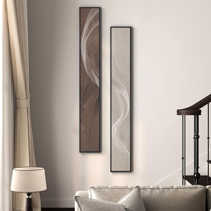 Large Framed Long Narrow Vertical Neutral Abstract Wall Art Set of 2, - Image 3