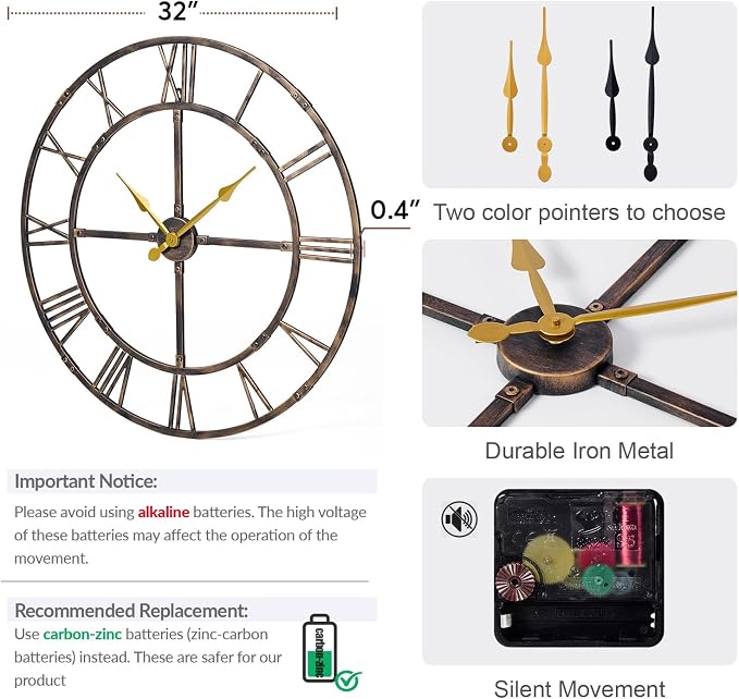 32 Inch Large Wall Clock for Living Room Decor – Easy-Assembly Silent - Image 2