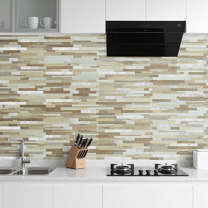 AULIGET 2 Sheets Beige & Brown Wood Peel and Stick Backsplash, PVC Mixed Metal - Image 6