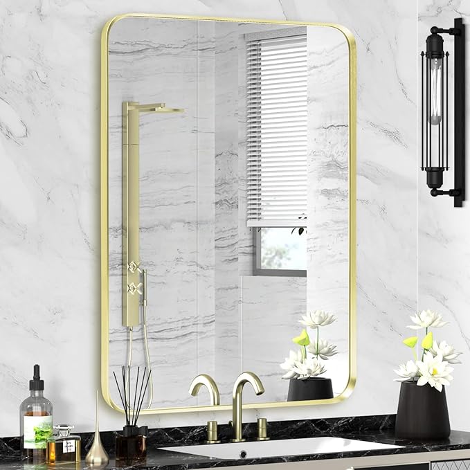 Wall Mount Mirror for Bathroom, Brushed Gold Metal Framed Rounded Corner by Minuover