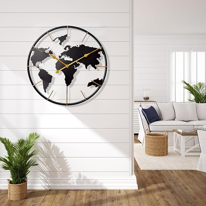 Large World Map Wall Clock, Metal Minimalist Modern Clock, Round Silent - Image 5
