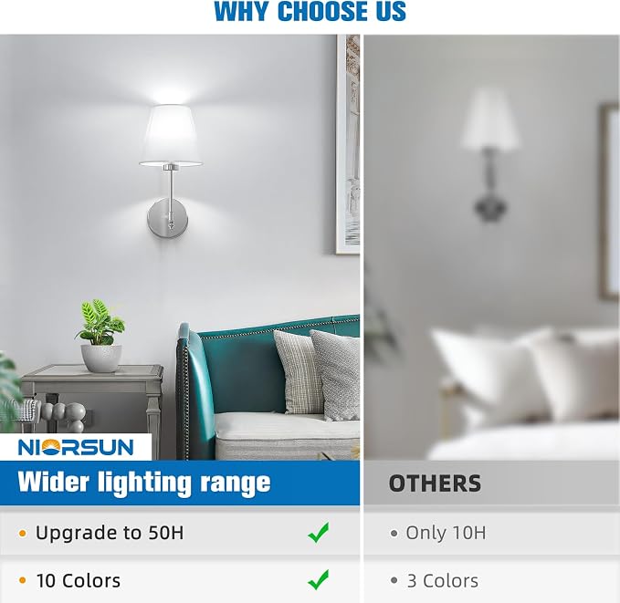 NIORSUN 14.5 inch Battery Operated Wall Sconce Set of 2, Brushed Nickel - Image 8