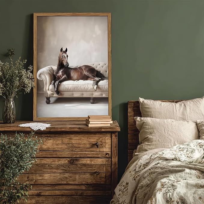 Framed Funny Horse Canvas Wall Art, Vintage Western Brown Horse On Sofa - Image 4