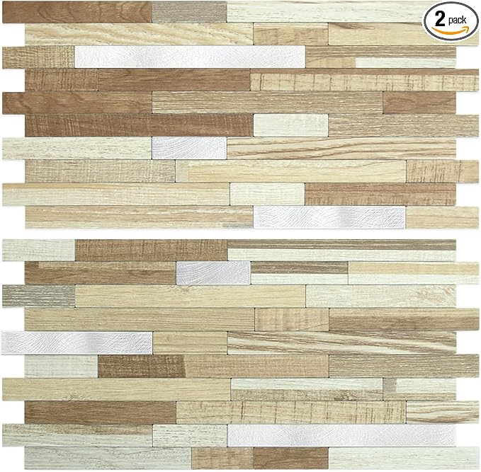 AULIGET 2 Sheets Beige & Brown Wood Peel and Stick Backsplash, PVC Mixed Metal by AULIGET