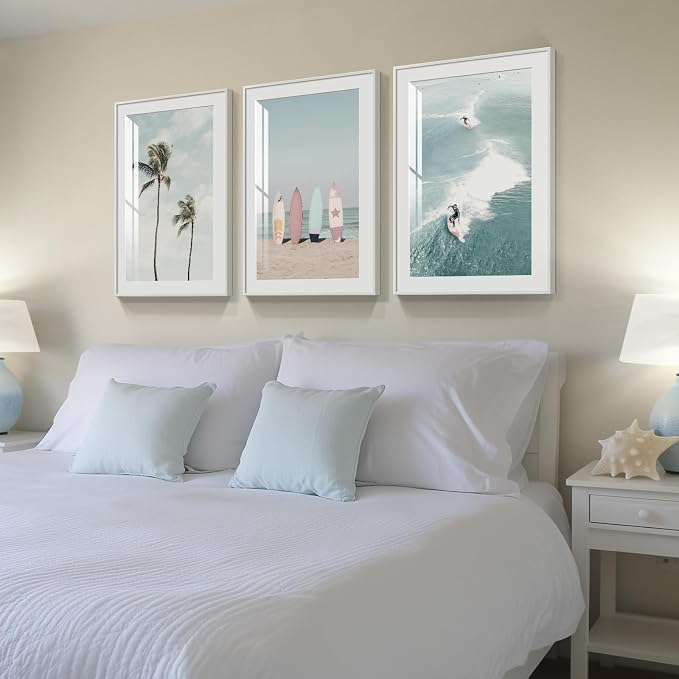 Framed Coastal Wall Art for Living Room, 3 Piece Beach Surfboard Palm Tree - Image 2