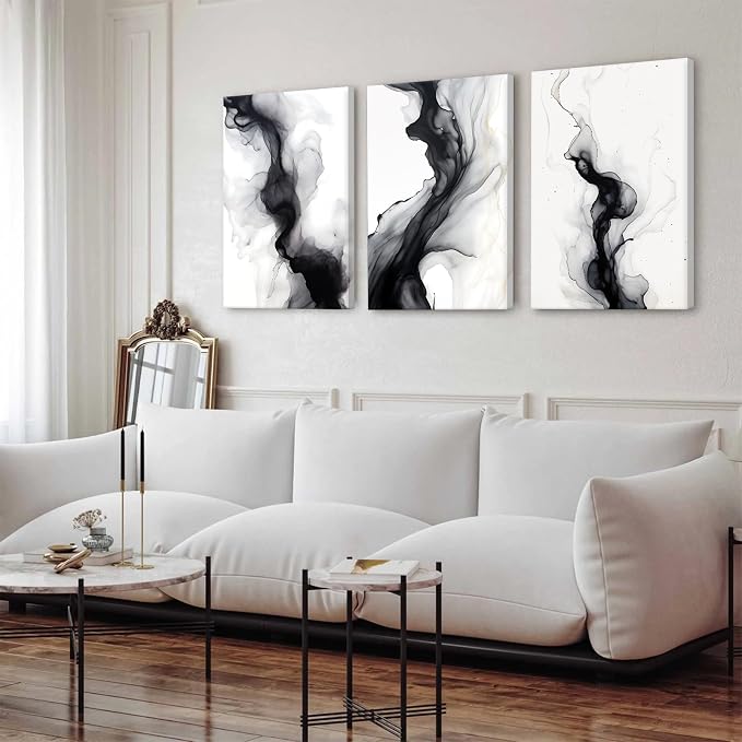 Black White Abstract Wall Art Decor Set of 3 Modern Wall Art Minimalist Canvas - Image 3