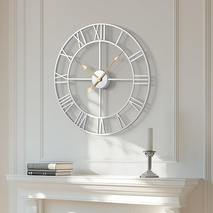 Cuspin 20 Inch Wall Clock Large Silver Decorative Clocks, Modern Metal Round - Image 2