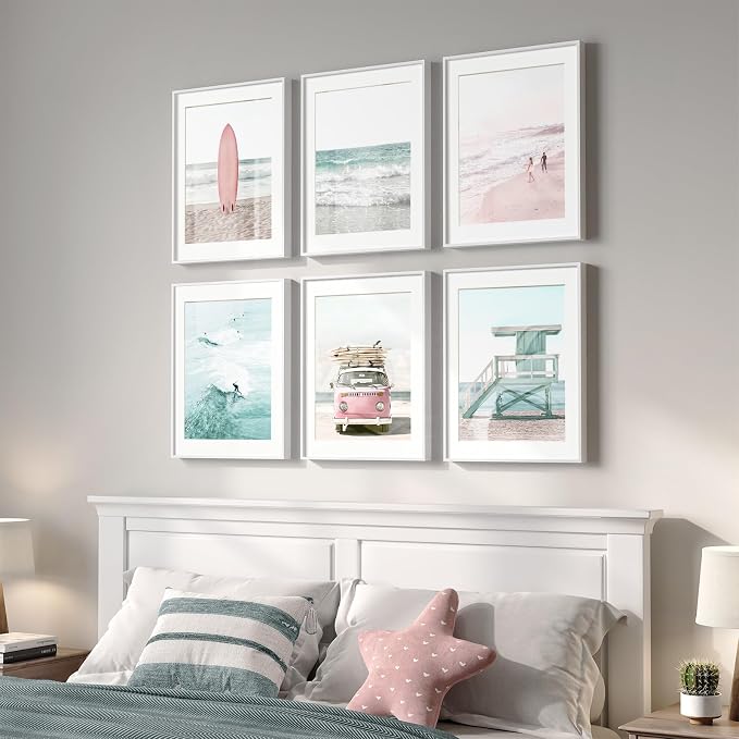 Framed Coastal Beach Wall Art for Living Room, 6 Piece Ocean Wave Surfboard - Image 4