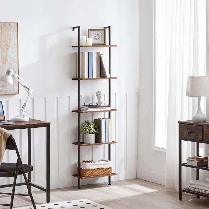 HOOBRO DIY Ladder Shelf, 5-Tier Wooden Wall Mounted Bookshelf, Narrow Bookcase - Image 8