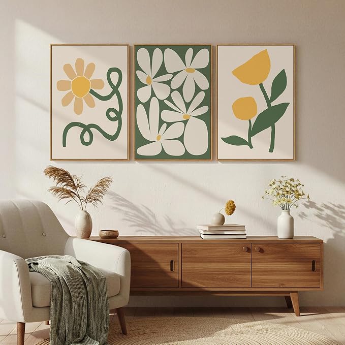 Framed Boho Abstract Wall Art Bedroom, 3 Piece Green and Yellow Mid Century - Image 8