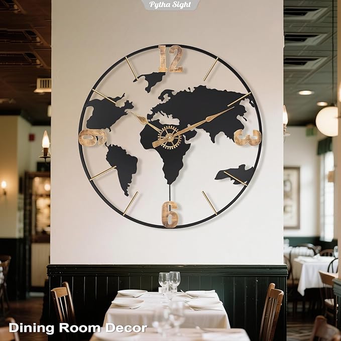 Pytha Sight 30 Inch Large Modern Decorative Metal World Map Wall Clocks Giant - Image 5
