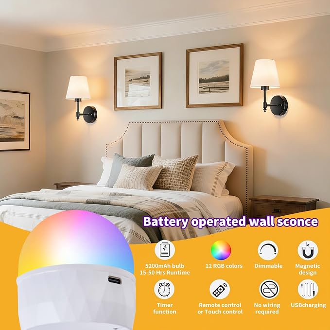 Battery Operated Wall Sconces Set of Two, Rechargeable Wireless Wall Lights - Image 2