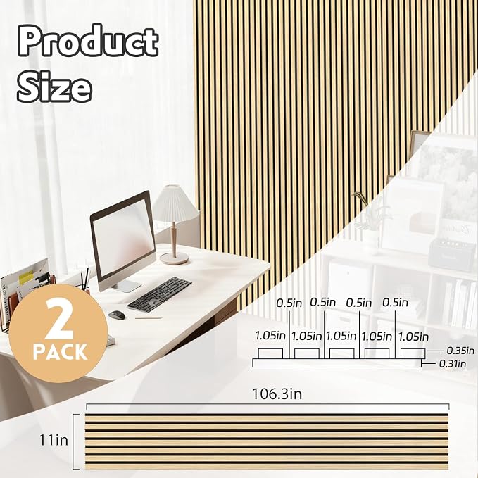 2 Pack Wood Panels for Wall, 106.3" × 11" Wood Slat Acoustic Panels for Wall - Image 2