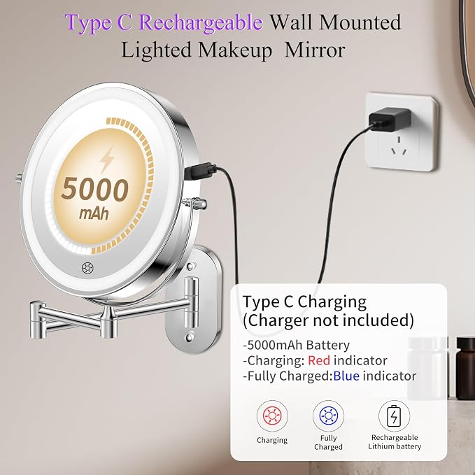 FUNTOUCH 5000mAh Rechargeable Wall Mounted Lighted Makeup Vanity Mirrors - Image 2