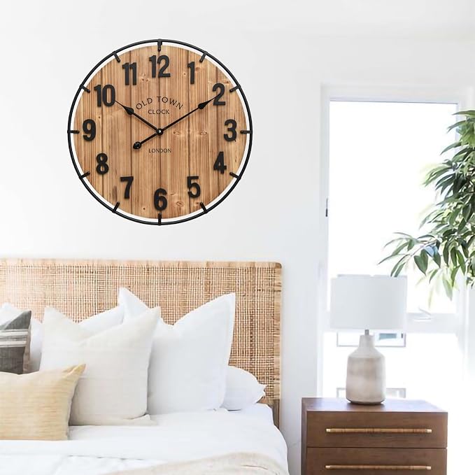 EMAX HOME Large Old Town Farmhouse Wall Clock 24 Inch Rustic Antique Wood - Image 6