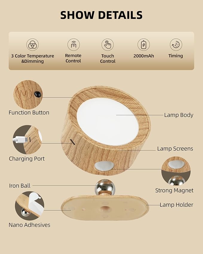 LED Wall Mounted Lights, Rechargeable Wall Sconces Lamp, 3 Color Temps & Remote - Image 7